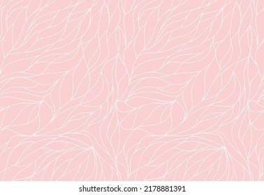 Organic petals pattern with white wavy lines and scrolls leaves on pink background. Abstract texture in art deco style. plant ornament. Seamless vector design for textile, fabric and wrapping. 