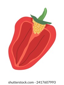 Organic piece of sweet bell pepper with seeds stem. Ingredient for culinary masterpieces. Juicy, ripe vegetables for proper nutrition. Half paprika for dishes. Isolated icon vector in flat style