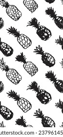 Organic pineapple pattern in vector. Ananas seamless background. Pineapple black drawings. Botanical ornament. South America fruits. Tropical plant decoration.