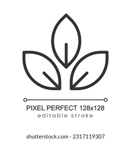 Icono lineal perfecto de píxeles de plantas orgánicas. Cultivación de flora poco común. Programa de protección de la naturaleza. Ilustración de línea delgada. Símbolo de contorno. Dibujo del contorno del vector. Trazo editable. Fuente de Poppins utilizada