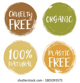 Organic, plastic and cruelty free, 100% natural products circle logo labels vector set. Brush painted food products packaging icons badge labels. Cruelty free not tested on animals, organic no plastic