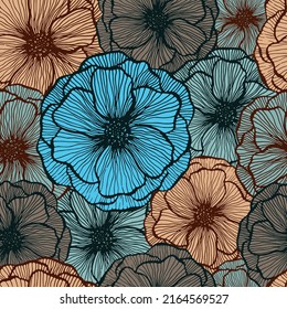 Organic poppy floral summer vector seamless pattern. Hand drawn line texture blossom petals. Field poppy flower fabric print design. Bouquet flower colorful wallpaper. Nature shape repeat backdrop.