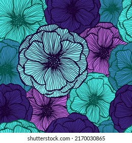 Organic poppy floral summer vector seamless pattern. Doodle line texture blossom petals. Field poppy flower wrapper print design. Bouquet flower amazing wallpaper. Scrapbook sample design.