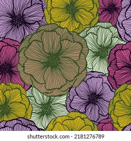 Organic poppy floral summer vector seamless pattern. Marker line texture blossom petals. Field poppy flower wrapper print design. Elegant garden flower ornament. Scrapbook sample design.