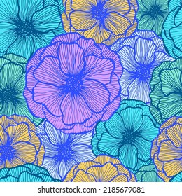 Organic poppy floral summer vector seamless pattern. Hand drawn line texture blossom petals. Field poppy flower wrapper print design. Elegant garden flower ornament. Nature shape repeat backdrop.