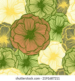 Organic poppy floral summer vector seamless pattern. Marker line texture blossom petals. Field poppy flower fabric print design. Beautiful garden flower ornament. Scrapbook sample design.