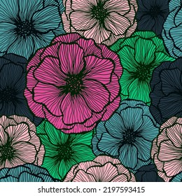 Organic poppy floral summer vector seamless pattern. Marker line texture blossom petals. Field poppy flower textile print design. Bouquet flower colorful wallpaper. Spring card background.