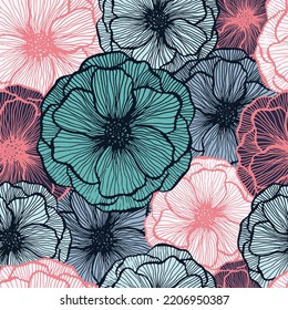 Organic poppy floral summer vector seamless pattern. Hand drawn line texture blossom petals. Field poppy flower wrapper print design. Beautiful garden flower ornament. Spring card background.