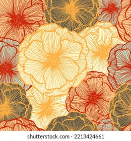 Organic poppy floral summer vector seamless pattern. Marker line texture blossom petals. Field poppy flower wrapper print design. Awesome garden flower ornament. Nature shape repeat backdrop.