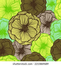 Organic poppy floral summer vector seamless pattern. Hand drawn line texture blossom petals. Field poppy flower textile print design. Stylish garden flower ornament. Nature shape repeat backdrop.
