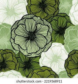 Organic poppy floral summer vector seamless pattern. Doodle line texture blossom petals. Field poppy flower textile print design. Bouquet flower amazing wallpaper. Scrapbook sample design.