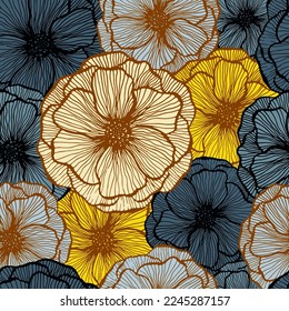 Organic poppy floral summer vector seamless pattern. Doodle line texture blossom petals. Field poppy flower wrapper print design. Bouquet flower unusual ornament. Flat graphic illustration.