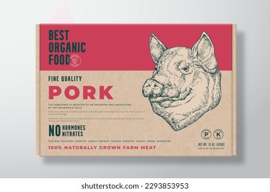 Organic Pork Meat. Vector Food Packaging Label Design on a Craft Cardboard Box Container. Modern Typography and Hand Drawn Pig Head Background Layout