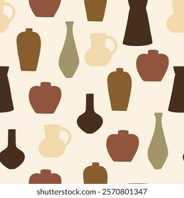 Organic Pottery Ceramic Minimalist Vases Seamless Pattern. Various Handmade Decorative Vases Walppaper. Vector Graphic Repeat Contemporary Background. Simple Surface Design for Print Art