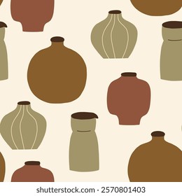 Organic Pottery Ceramic Simple Utensil Seamless Pattern. Various Handmade Decorative Vases Walppaper. Vector Graphic Repeat Contemporary Background. Simple Surface Design for Print Art