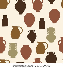 Organic Pottery Ceramic Vases Seamless Pattern. Various Handmade Decorative Vases Walppaper. Vector Graphic Repeat Contemporary Background. Simple Surface Design for Print Art