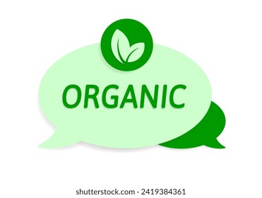 Orgánico. Calidad premium. Etiqueta del producto alimenticio vegetal o vegano. Burbujas de discurso verde. Logo o icono. Dieta. Pegatina