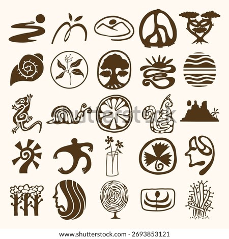 Organic Primitive Symbol Vector Set, Hand Drawn Tribal and Nature Icons Collection