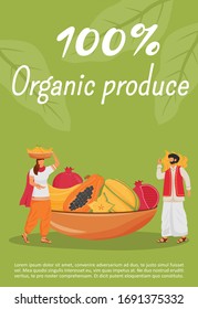 Organic produce poster flat vector template. Indian exotic fruits brochure, booklet one page concept design with cartoon character. Traditional natural desserts trade flyer, leaflet