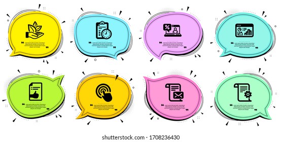 Organic product, Approved document and Mail letter signs. Chat bubbles with quotes. Online loan, Technical documentation and Click line icons set. Seo statistics, Exam time symbols. Vector