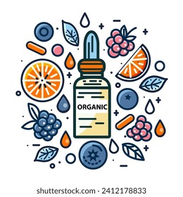 Organic product concept. Fruits, berries , essential oil, vitamins. Vector illustration in line art style on white background.