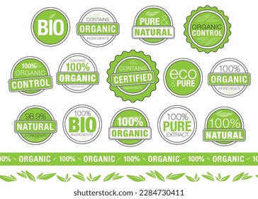 Organic product, eco, bio, natural, pure extract sticker label set. Green and white vector design with leaf shape, 100% symbol and different phrases for cosmetics and healthy food packaging.