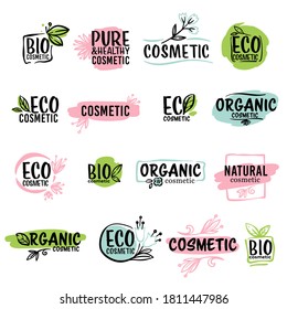 Organic product and eco cosmetics labels, isolated watercolor labels with leaves and flora. Production of ecologically friendly items for skincare. Healthy treatment and hygiene, vector in flat style