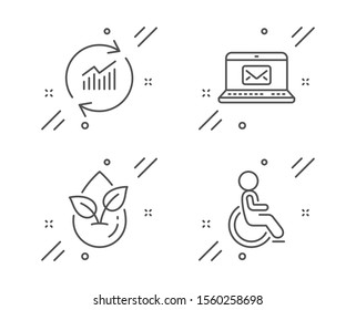Organic product, E-mail and Update data line icons set. Disabled sign. Leaf, New message, Sales statistics. Handicapped wheelchair. Technology set. Line organic product outline icon. Vector