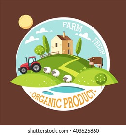 Organic product. Farm fresh. Summer rural landscape. Vector illustration concept.