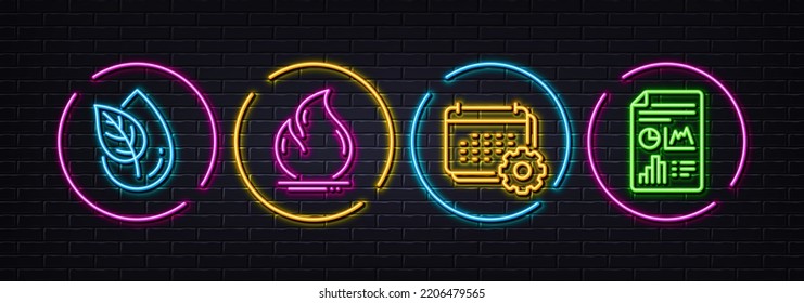 Organic product, Fire energy and Calendar minimal line icons. Neon laser 3d lights. Report document icons. For web, application, printing. Leaf, Heating, Schedule planner. Growth chart. Vector