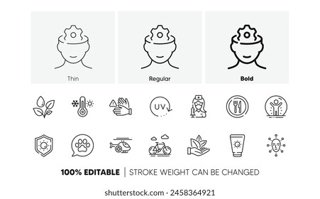 Organic product, Food and Vaccination line icons. Pack of Uv protection, Thermometer, Pets care icon. Recovered person, Plants watering, Sun protection pictogram. Face biometrics, Bike. Vector