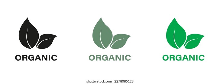 Conjunto de iconos verde y negro del producto orgánico. Logotipo de silueta de comida ecológica biológica natural. Señales sólidas de producto biológico orgánico. Etiqueta de Comida Vegan Eco. Producto orgánico de la naturaleza. Ilustración de vectores aislados.