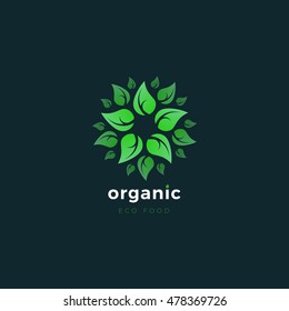 Organic product. Green eco logo. Design template of natural food logo with green leaves