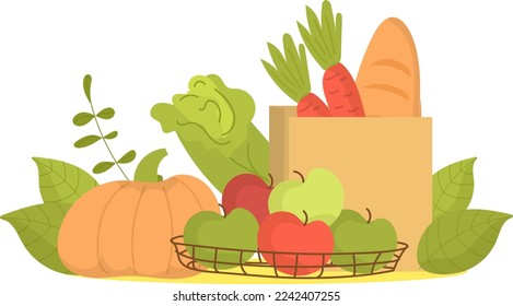 Organic product from grocery concept, vector illustration. Eco bag with natural food fruit from cartoon market design. Waste recycle for green ecology