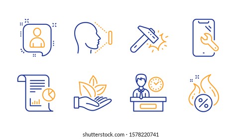 Organic product, Hammer blow and Developers chat line icons set. Smartphone repair, Report and Presentation time signs. Face id, Hot loan symbols. Leaf, Crash tool. Technology set. Vector
