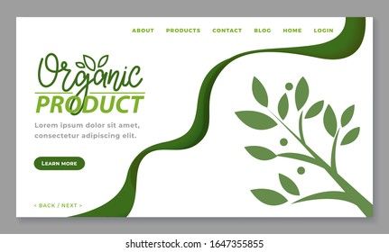 Organic product or healthy food blog online. Landing page with green branch with leaves on white. App slider shop vegetable and fruit. Website or webpage template in flat design style vector