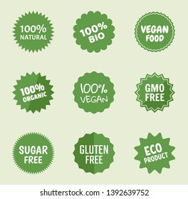 organic product icons, natural food labels, healthy tags for vegans