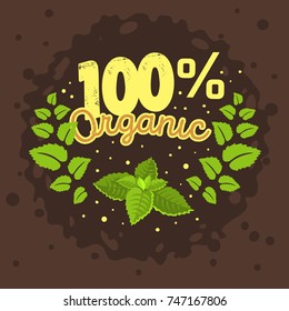 Organic Product Label Logo Design With A Mint Leaves Wreath Illustration. Vector Graphic.