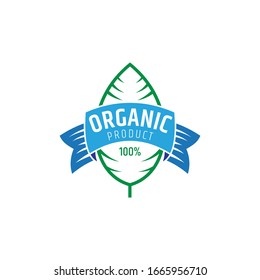 Organic product label logo with leaf and ribbon for text place