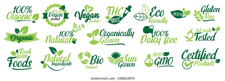 Organic Product Label or package certification vector icon set. Vegan and Bio Food category logos.