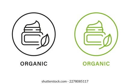 Organic Product Line Green and Black Icon Set. Cosmetic Cream Made of Natural Ingredients Outline Pictogram. Bio Eco Product. Good Quality Symbol. Organic Product Seal. Isolated Vector Illustration.