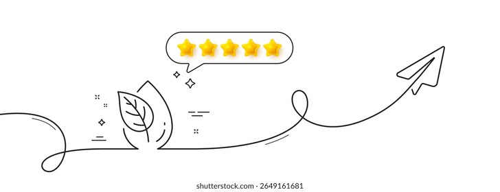 Organic product line icon. Continuous line with share plane. No artificial colors sign. Natural flavors symbol. Five star rate review in speech bubble. Organic product single line ribbon. Vector