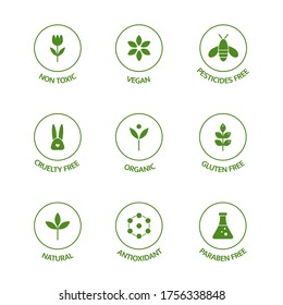 Organic product line icons set. Allergen free badges. Organic cosmetic stickers. GMO free emblems. Dietary food. Natural products. Healthy eating. Vegan, bio food. Vector illustration.