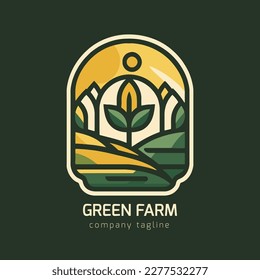  Organic product logo design. Farm logo design. Sun, leaf, green field. Minimal vector emblem vector illustration