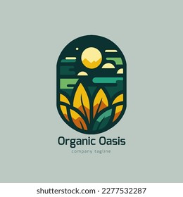  Organic product logo design. Farm logo design. Sun, leaf, green field. Minimal vector emblem vector illustration