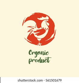 Organic product logo with hand drawn rooster.