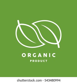 Organic product logo with white leaf icon isolated on green background. Vector illustration.