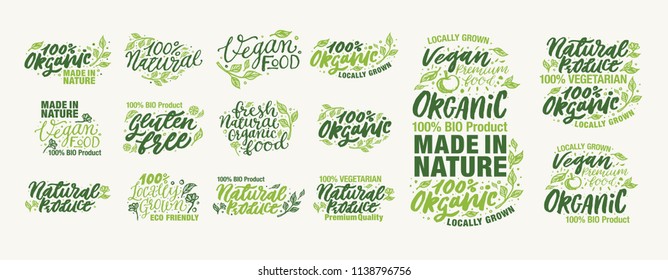 Organic Product, Made in Nature and Locally Grown Vegan logos and elements collection for food market, ecommerce, products promotion, healthy life and premium quality food and drink. Hand typography. 