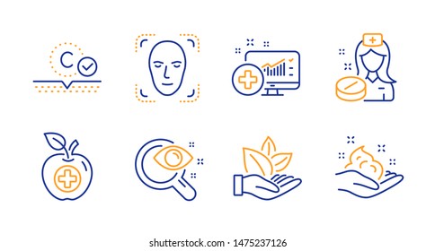 Organic product, Medical food and Medical analytics line icons set. Face detection, Vision test and Collagen skin signs. Nurse, Skin care symbols. Leaf, Apple. Healthcare set. Vector