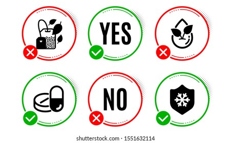 Organic product, Mint bag and Medical drugs icons simple set. Yes no check box. Clean skin sign. Leaf, Mentha tea, Medicine pills. Cold protect. Healthcare set. Organic product icon. Vector